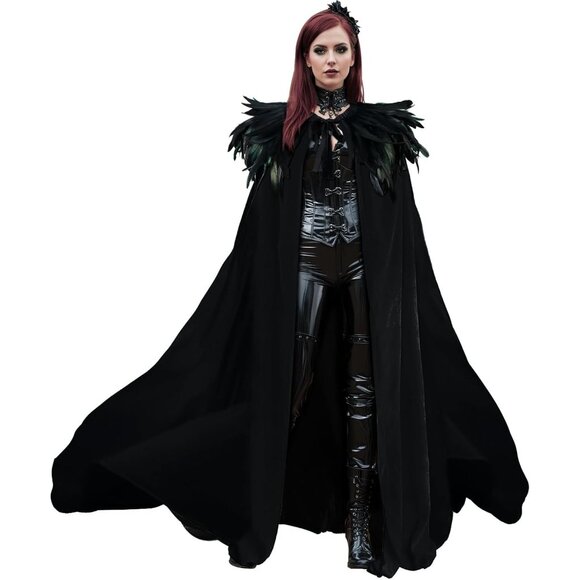 Women Feather Collar Velvet Cloak Vampire Cape Witch Queen Cosplay Costume - Picture 1 of 8